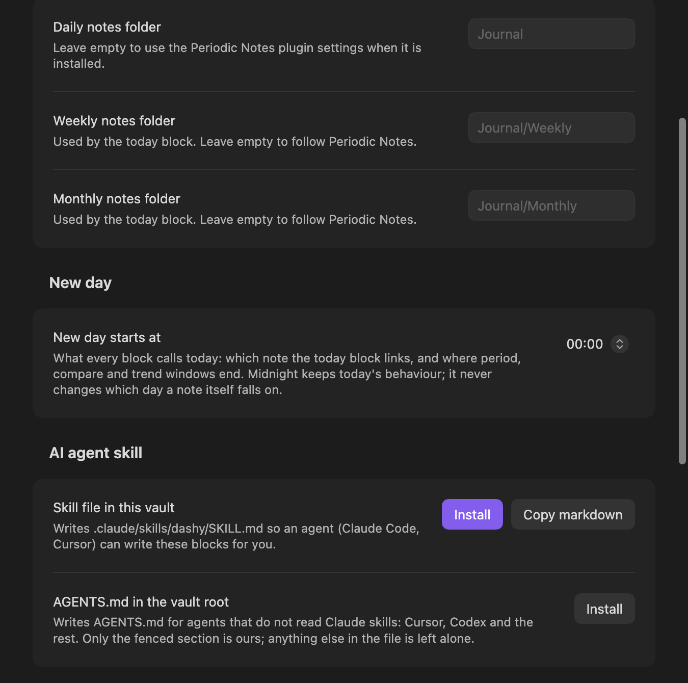 Dashy settings: periodic note folders, and buttons that install the agent skill and AGENTS.md