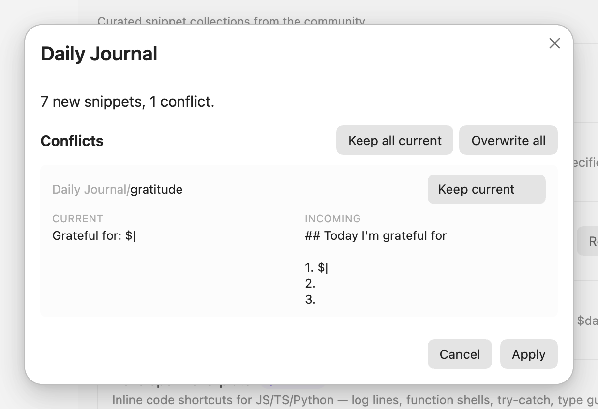 The install preview for Daily Journal: 7 new snippets and one conflict on gratitude, showing the current and incoming text with a Keep current or Overwrite choice