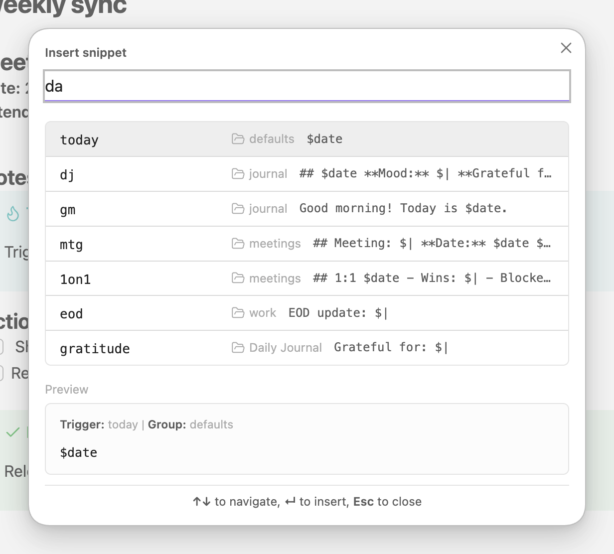 The Insert snippet dialog over a note: the query da, seven matching triggers with their groups, and a preview of the highlighted one