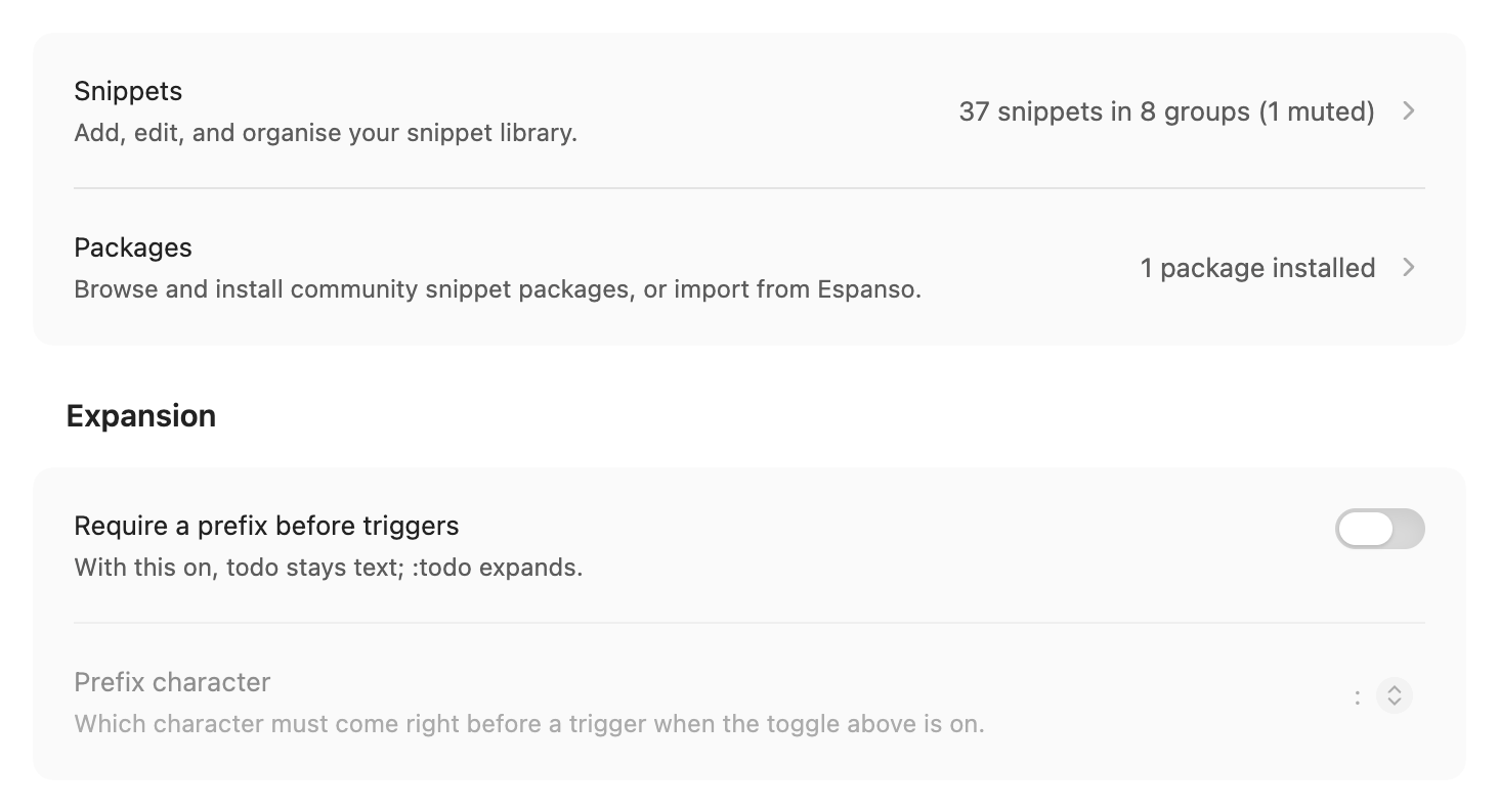 Snipsy settings on Obsidian 1.13: Snippets and Packages entries with their counts, then the Expansion group